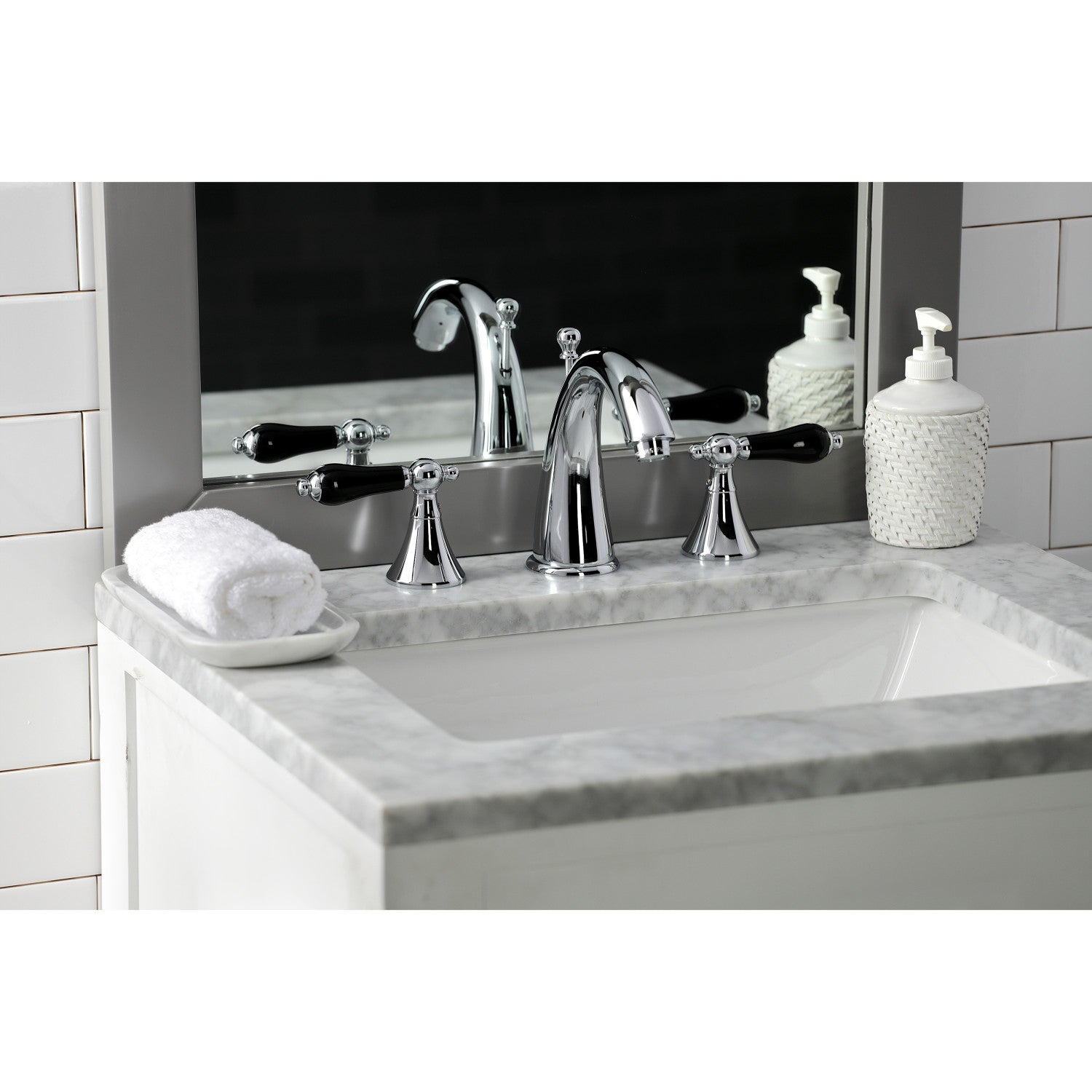 Kingston Tulare KS2971PKL - Duchess Two-Handle 3-Hole Deck Mount Widespread Bathroom Faucet with Brass Pop-Up, Polished Chrome — thumbnail 2